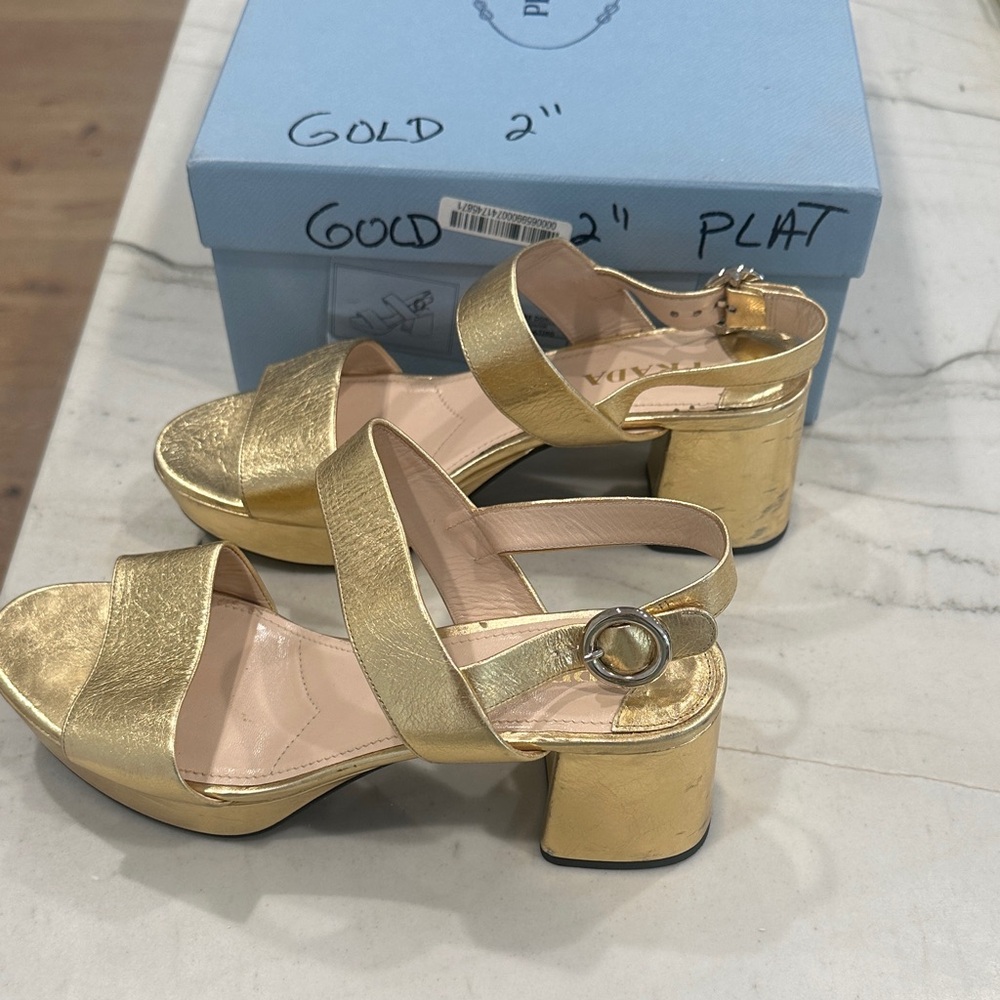Prada Gold Block Heel Sandals - Picture 5 of 11